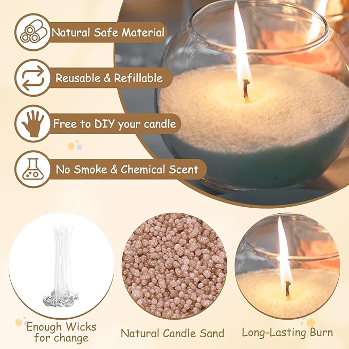 MECCANIXITY Pearled Sand Candles with 30 Pcs Wicks 14Oz / 400g Candle Beads Refillable Powder Sand Wax Making Kit for Thanksgiving Christmas Wedding Party DIY Home Crafts, Brown