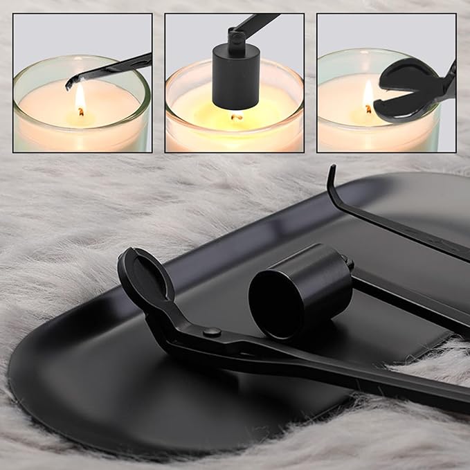 MrMrKura 4 in 1 Candle Accessory Set, Candle Snuffer, Candle Wick Cutter, Candle Dipper, Storage Tray Plate, Candle Care Kit with Velvet Pouch for Candle Lover (Black)