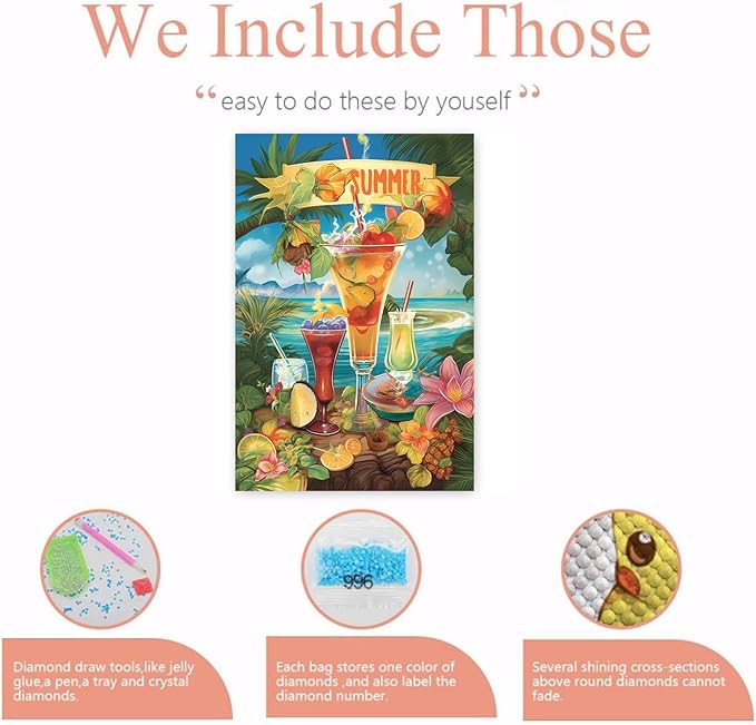 GUAIEUW Diamond Painting Kits for Adult Beginner Round Full Diamond 5D DIY Diamond Art Kit Gift - Season Theme Summer Beach Drinks Diamond Painting Home Wall Decor 20x24 Inch