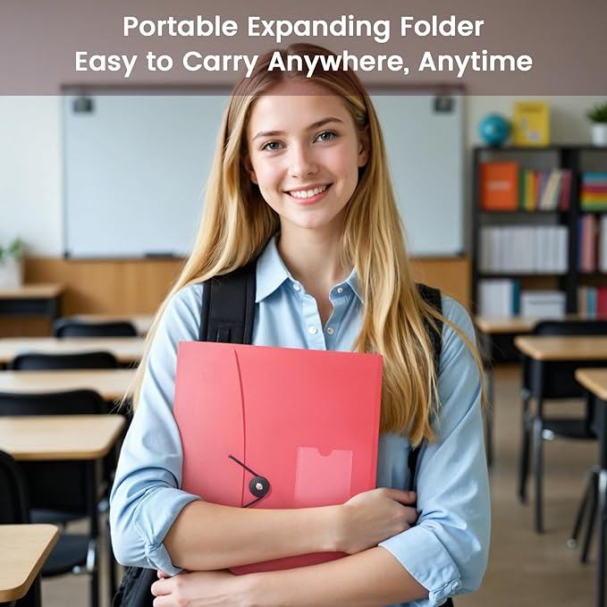 13 Pocket Accordion File Organizer with Elastic Closure, Expanding File Folder for Letter Size A4 Papers, Ideal for Home, Office Supplies, College Essentials - Pink