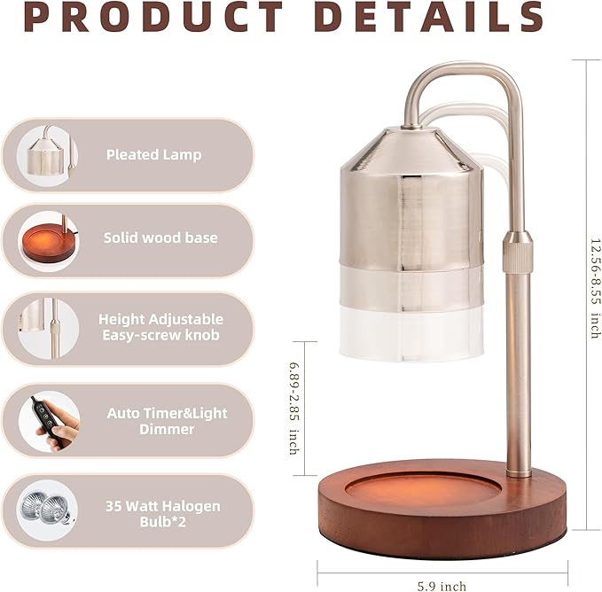 Candle Warmer Lamp with Timer Dimmable,Electroplated lampshade and Wooden Base,Height Adjustable Candle Warmer with 2 Bulbs,Gifts for Women Mom Bedroom Decor with Wax Tray