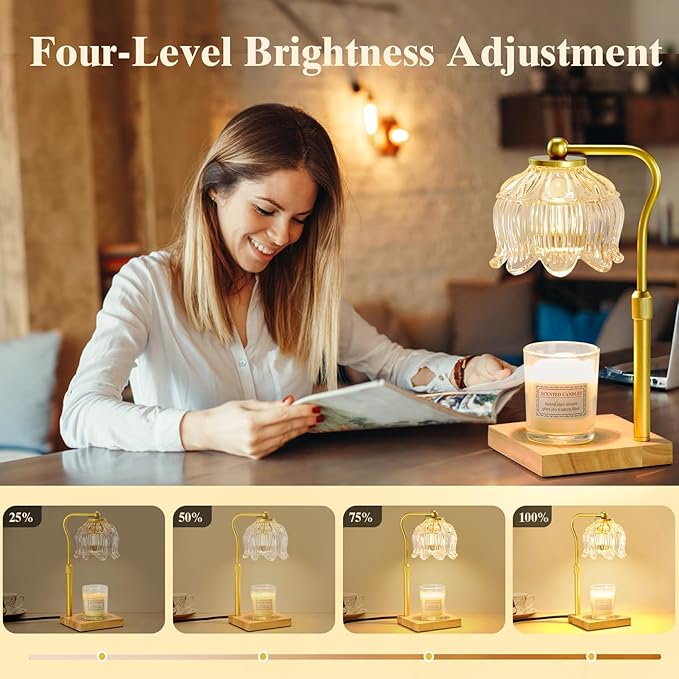 Shevvi Candle Warmer Lamp with Timer, Dimmable Candle Warmer for Jar Candles, Gifts for Women Mom, Height Adjustable Wax Melt Warmer, House Warming Birthday Gift, New Home Decor, Natural Wood