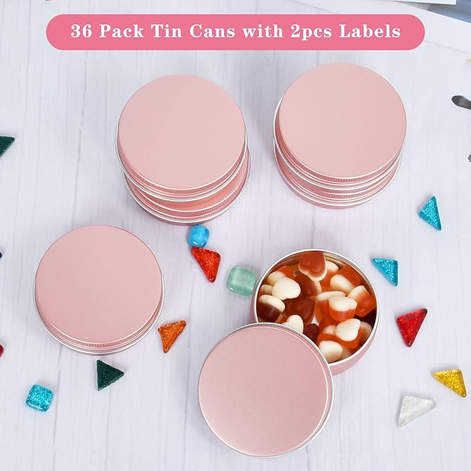 36 Pieces 2 oz Tins with Lids, Aluminum Rose Gold Candy Containers with White Labels, Small Empty Tin Cans Travel Storage Tin Jars for Candles, Lip Balm, Jewelry or Crafts