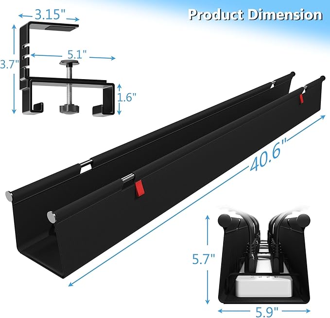 Litwaro Under Desk Cable Management Tray No Drill, 40.6" Cord Organizer with Clamp for Standing Desk, Premium Fabric Cable Tray with Wire Management for Office Home, Black
