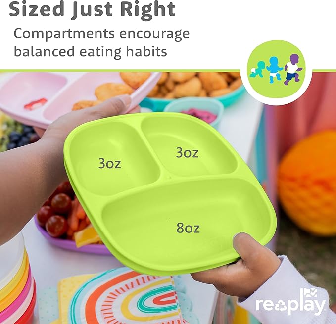 Re-Play Toddler Plates with Dividers - Deep-Walled 3 Compartments Divided Plates for Kids - Dishwasher & Microwave Safe - Made in USA - Set of 4-7.37" x 7.37" x 1.25" - Spring