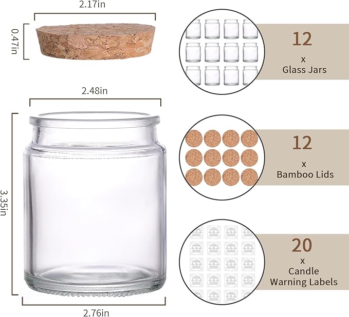 Lanttu 12 Pack Clear Candle Jars for Making Candles, 7.5oz Glass Jars with Wooden Lids and Labels, Candle Making Supplies Candle Containers for Home DIY, Gifts, Table Decor
