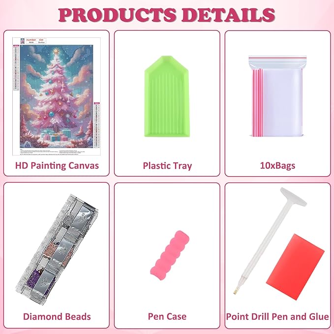 DOMROM Christmas Diamond Painting Kits, Pink Christmas Tree 5D Diamond Art Kits,Gem Art Painting with Diamonds Dots, Arts and Crafts for Beginners Adult Wall Decor 12 x 16inch