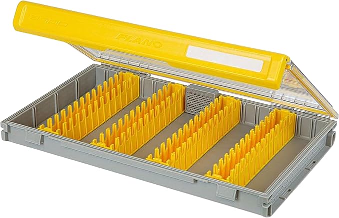 Plano Edge 3700 Vertical Jig & Spybait Box Tackle Storage, Gray and Yellow, Holds Up to 52 Vertical Baits, Rust-Resistant and Waterproof Bait Organizer Box
