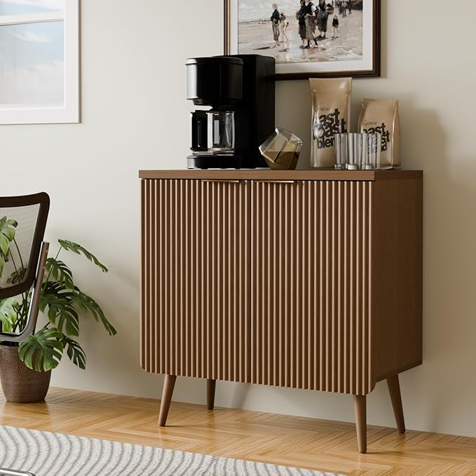 Sideboard Buffet Cabinet with Storage, Modern Fluted Accent Credenza with 2 Doors, Buffet Media Console Entryway Cabinets with Adjustable Shelves for Living Room Dining Room Hallway, Walnut