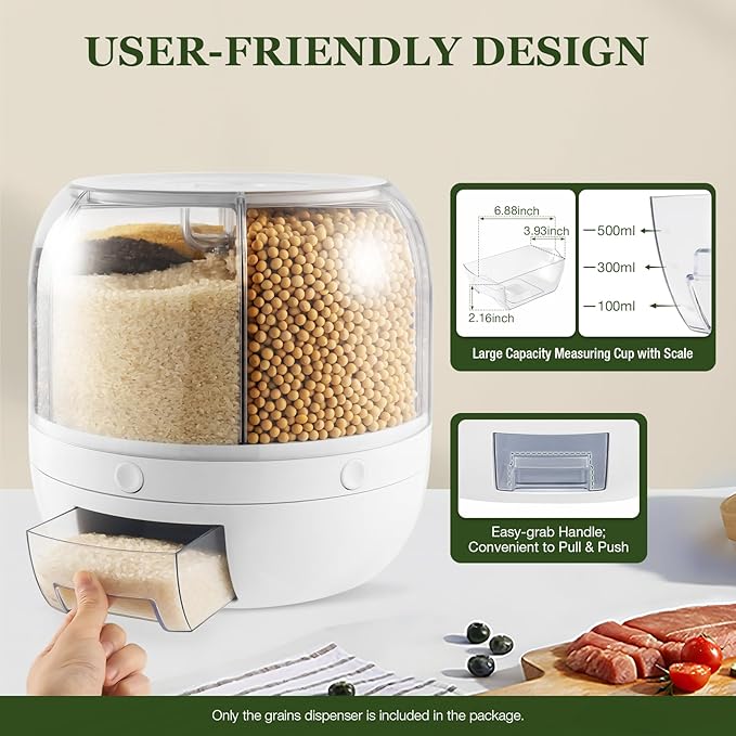 Rotating Dry Storage 6 Grid Cereal Storage Container Dispenser Countertop, Grain Organizer and Dispenser Round 360 Food Rotating Dispenser for Store Rice, Red Beans, Yellow Beans
