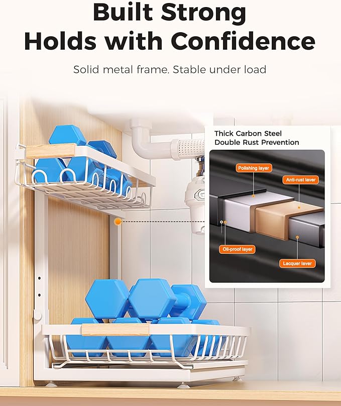 3 Pack Under Sink Organizer, Multi-Purpose 2 Tier Pull-Out Metal Under Kitchen Sink Organizer, Height Adjustable Storage Shelves for Kitchen Bathroom Cabinet (White)