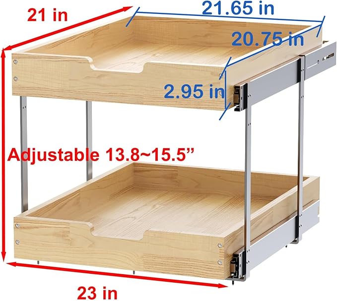Sikarou Wood Pull Out Cabinet Organizer 2 Tie 23" W x 21" D, Heavy-Duty Sliding Drawers for Inside Cabinets Storage and Organization for Kitchen, Pantry, Bathroom