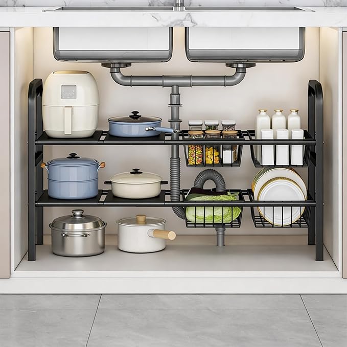 Under Sink Organizers – Expandable 2 Tier Under Cabinet Storage Rack with Adjustable Shelves, 4 Baskets & Panels, Heavy Duty Metal, Fits Around Pipes for Kitchen & Bathroom (Black)