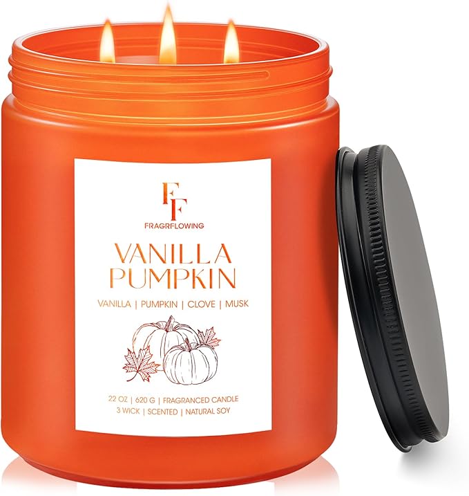Large Christmas Fall Candle Vanilla Pumpkin Scented, 3-Wick 22oz Long Lasting Scented Candle, Natural Soy Wax Aromatherapy Candle for Home, Holiday Candle Gifts for Women Men