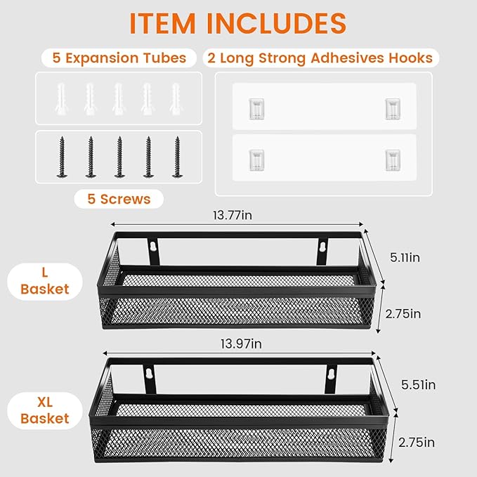 Wetheny Hanging Wall Mount Storage Baskets with Adhesive Hooks & Screwing, Metal Wire Organizer Baskets for Home Decor, Kitchen, Bathroom, Pantry, Laundry, Closet, Garage, RV Black 2 Packs (Netting)
