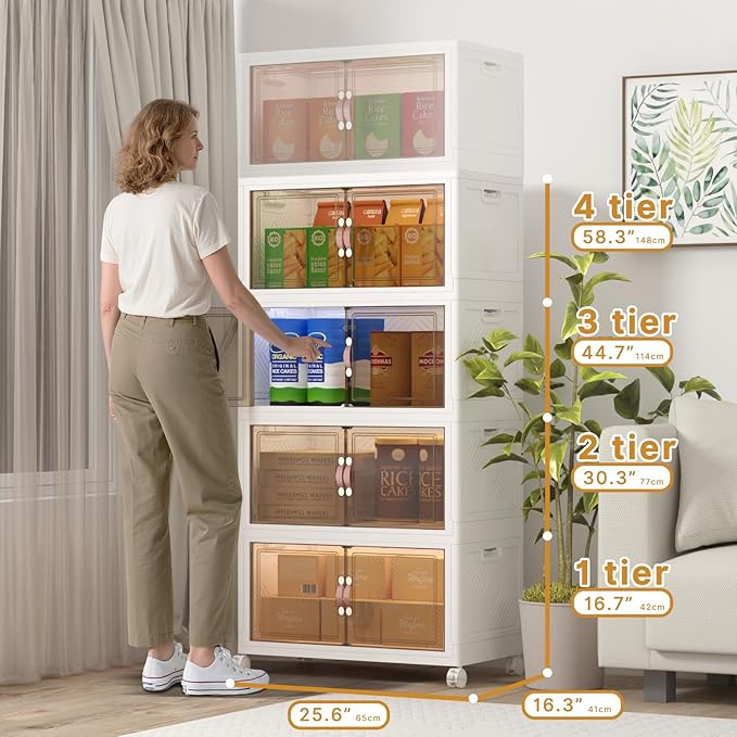 Extra Large Stackable Storage Bins with Lids & Wheels, 480QT-120QT/30GAL*4Pack Foldable Collapsible Closet Organizers Storage Cabinet with Doors for Bedroom Dorm