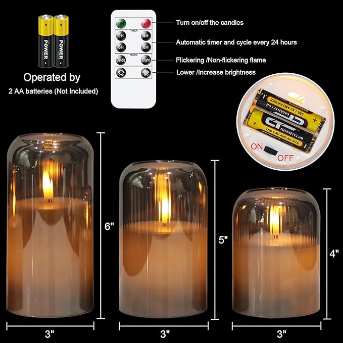 Glass Flameless Candles, Striped Glass Flameless Candles with Remote, Set of 3 Battery Operated Candles with Flickering 3D Wick, LED Pillar Candle for Home Halloween Decor(Grey, D3”xH4”5”6”)