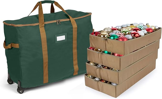 Covermates Keepsakes Rolling Adjustable Ornament Storage Bag – Heavy-Duty Polyester, FlexGrid Trays & Padded Dividers – Protective Holiday Organizer with Wheels, Handles & ID Window, Green
