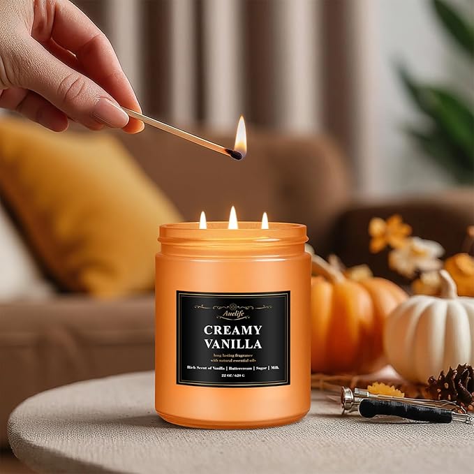 Auelife Scented Candle, Vanilla Pumpkin Candles – 22oz Large 3-Wick Holiday Soy Candle, Long Lasting Winter Candles for Home Décor, Thanksgiving & Holiday Gift for Women & Men