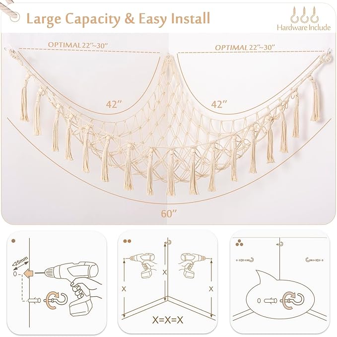 YKBU Stuffed Animals Hammock Corner Hanging Net with Wooden Beads Macrame Stuffed Animal Storage Ideas Plush Holder Toy Organizer for Boho Nursery Playroom Bedroom Kids Room Decor (cream, X-Large)