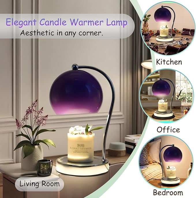Candle Lamp Warmer, Wide Base Scented Candle Warmer with Timer and Dimmer, Adjustable Candle Melting Lattern, Home Decor Table Lamp (Purple)