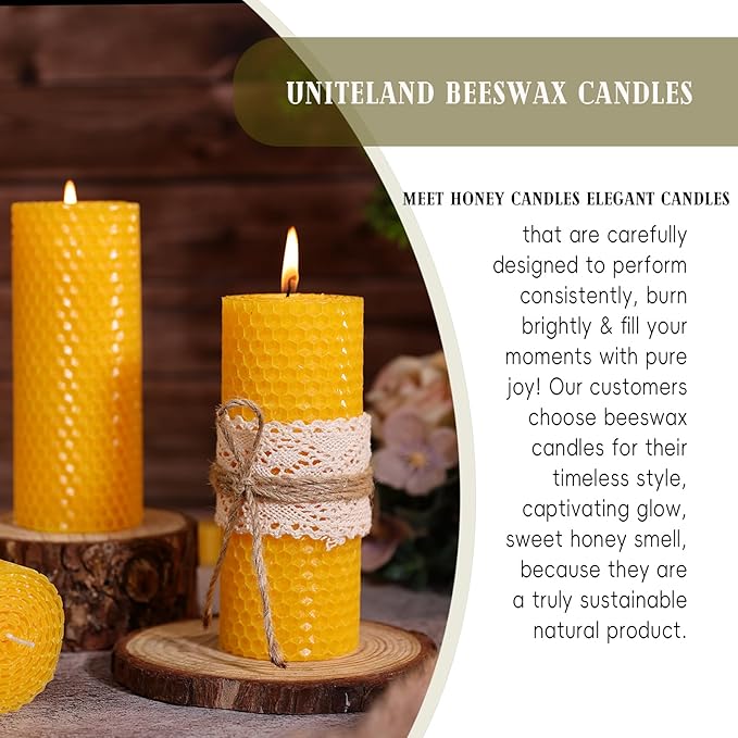 Hand-roll Large Beeswax Pillar Candles, 2pcs 2.8x8 Inch Natural Honeycomb Beeswax Candles, 100-Hour Slow Burn, Dripless & Air Purifying for Extended Serenity, Decor & Gifts (2 Pack)