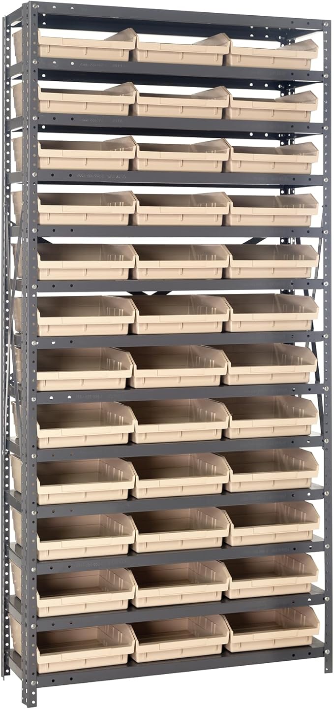 Quantum Storage Systems 1275-109IV Steel Shelving Unit with 4" Shelf Bins, 12" D x 36" W x 75" H, Ivory