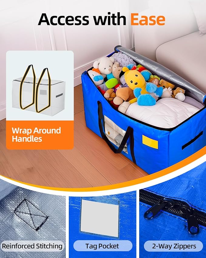 Extra Large Moving Bags, 4 Pack Heavy Duty Storage Bags Boxes Bins Totes with Hnadles Zippers Visible Window for Clothes College Dorm Travel, Blue