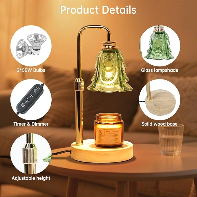 Candle Warmer Lamp with Timer Electric Candle Warmer Lamp Adjustable Height Dimmable Wax Warmer Lamp Jar Candles with 2 Bulbs for Home Decor & Office