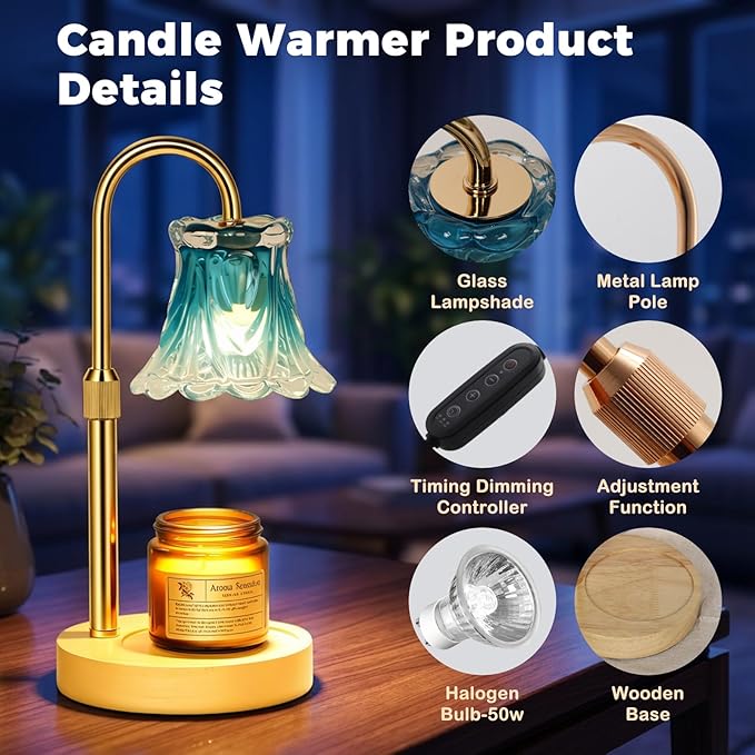 Droyek Candle Warmer Lamp with Timer Electric Candle Warmer Lamp Adjustable Height Dimmable Wax Warmer Lamp Jar Candles with 2 Bulbs for Home Decor & Office