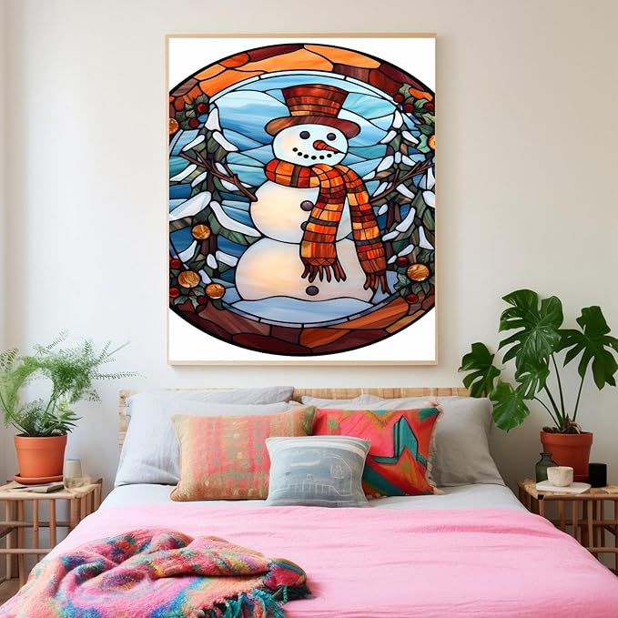 GUAIEUW Winter Stained Glass Snowman Diamond Painting Kits 5D Full Round Diamond Painting Art, Season Theme Canvas HD Picture DIY Diamond Dot Painting, Home Wall Decor Gift 12x16 Inch