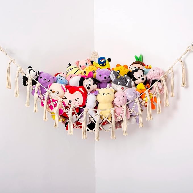 YKBU Stuffed Animals Hammock Corner Hanging Net with Wooden Beads Macrame Stuffed Animal Storage Ideas Plush Holder Toy Organizer for Boho Nursery Playroom Bedroom Kids Room Decor (cream, X-Large)