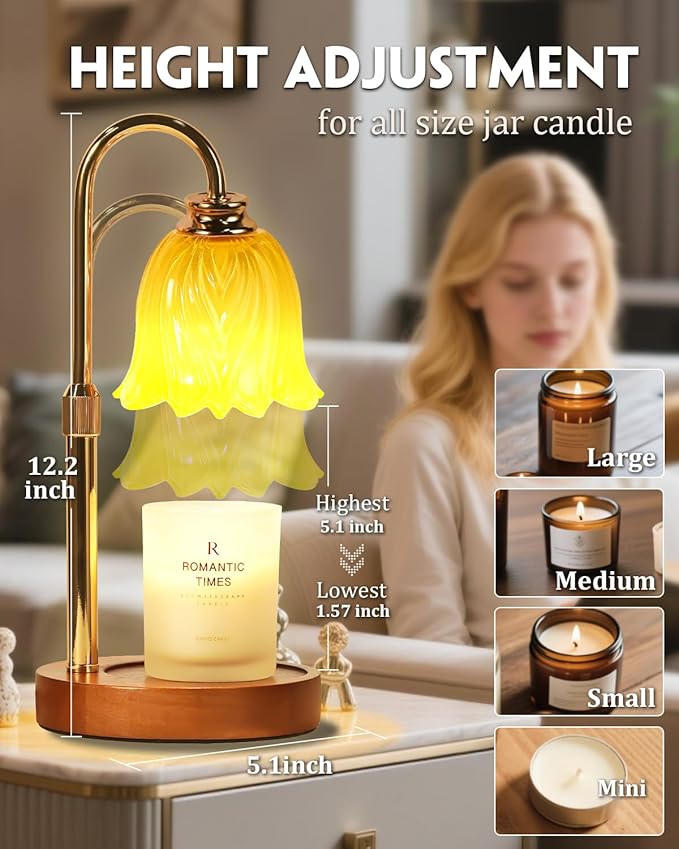 Candle Warmer Lamp, Gold Candle Lamp Warmer with Timer & Dimmer with 2 Bulbs, Dimmable, Birthday Gifts for Women Mom, House Warming Gifts New Home Bedroom Decor, Height Adjustable