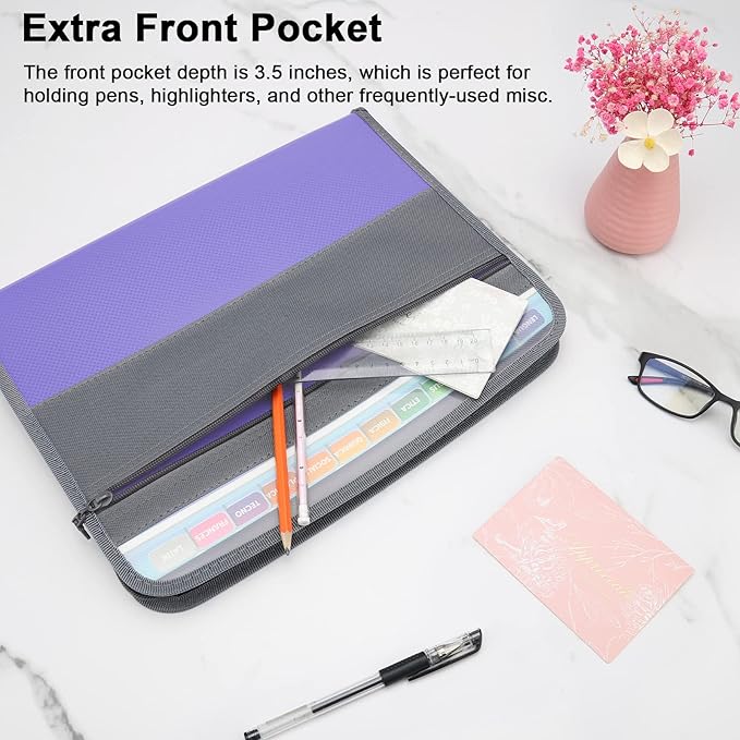 NAFY Accordion File Organizer, 13 Pockets Expanding File Folder with Zipper, A4 Letter Size Portable Accordion Expanding File Folders with 27pcs Multicolor Labels for Office School Supplies (Lavender)