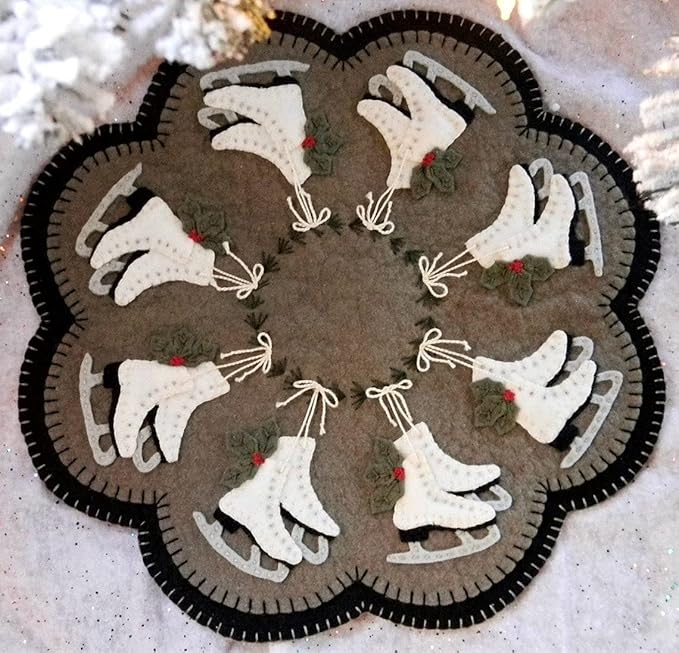 OTR Felt Ice Skates Penny Rug Kit Pre Washed Wool Applique Kit Winter Pattern Candle Mat 162