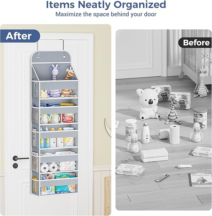 COOLBEBE Over the Door Organizer, 5-Shelf Door Organizer Hanging with10 Side Pockets, 44LB Behind the Door Organizer for Bathroom Bedroom Closet and Baby Essentials (1PC, Grey)