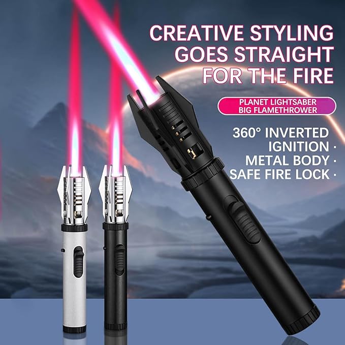 Torch Lighter, Bright Fire Lighter with Safety Lock and Adjustable Red/Blue Flame, Refillable Butane Gas Windproof Jet Flame Cool Lighters, for Candles Campfires BBQ Baking, Camping, Gift
