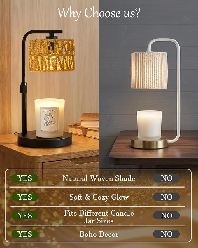 Candle Warmer Lamp, Timer Dimmable Candle Lamp, Adjustable Height and Brightness Candle Warmer, Boho Rattan Lampshade and 2 Bulbs, Suitable for Home Decor, Birthday Gifts for Women Mom (Black)