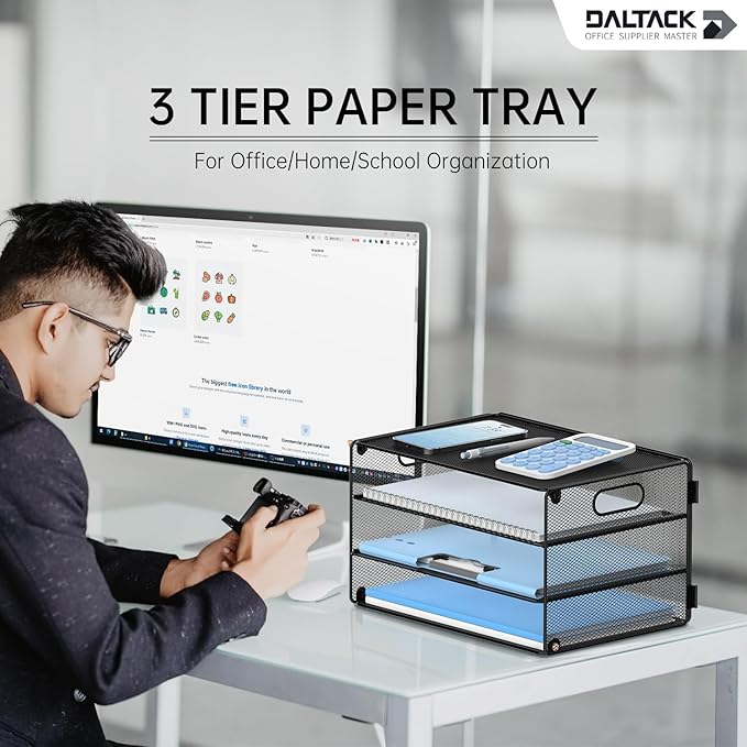 Daltack 3-Tier Paper Organizer with Handle, Mesh Desk Organizer Letter Tray, Paper Tray Organizer File Organizer for A4 File Folder, Black, 2 Pack