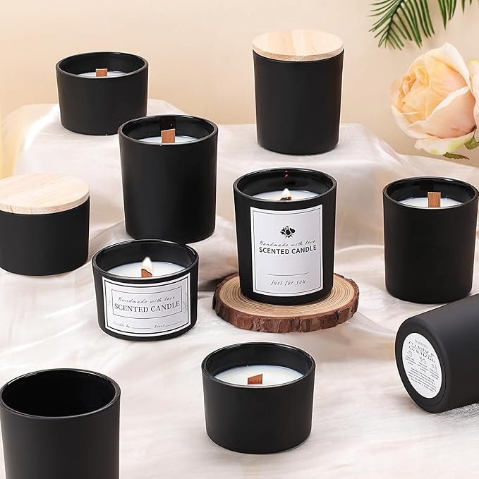 sunnyfuture 16 Pack Matte Black Candle Jars, 8pcs 7oz + 8pcs 4oz Candle Jars for Making Candles with Wooden Lids and Labels for DIY, Gifts, Home