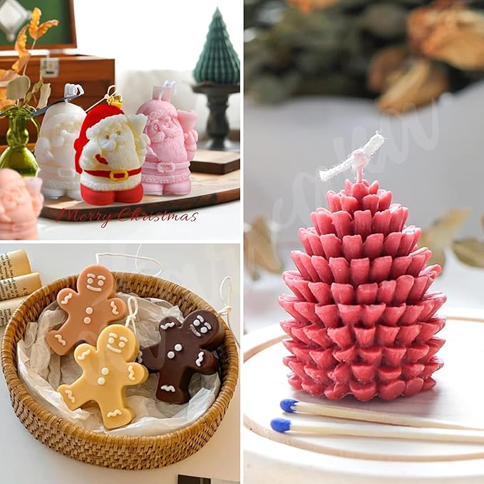 7pcs Christmas Silicone Mold Set for Candle Making, Atarvana 3D Christmas Candle Making Molds with 10pcs Candle Wick-Christmas Trees, Santa Claus, Pine and Ginger Man