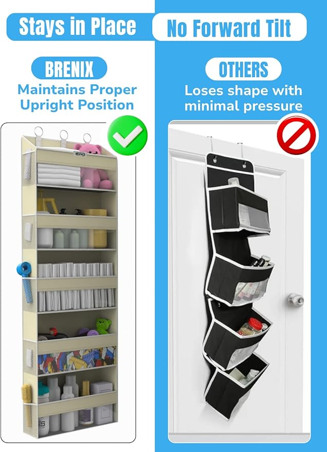 Over the Door Organizer with 5 Large Pockets & 10 Mesh Side Pockets – Durable Hanging Storage for Closet, Bathroom, Bedroom, and Nursery– Space Saving Door Storage with Sturdy Metal Hooks.