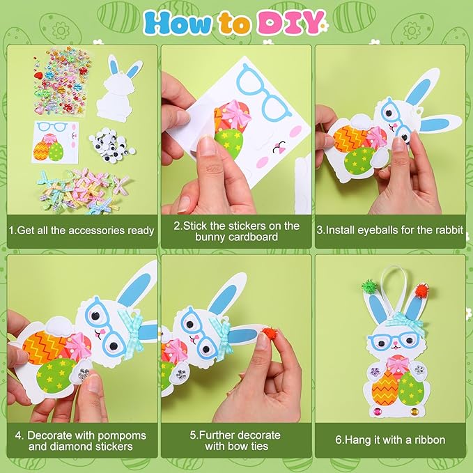 Funrous 48 Sets Easter Crafts Kit Easter Bunny Paper Crafts DIY Make Your Own Rabbits Hanging Ornaments Decorations with Pompoms Diamond Stickers Spring Classroom Activity Arts Gifts Party Favors