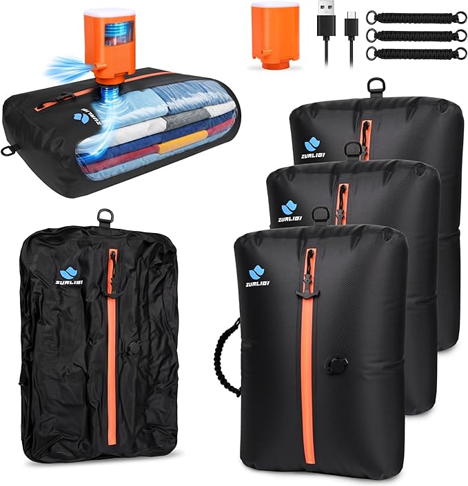 Zurligi Vacuum Compression Bags with Pump for Travel – IPX8 Waterproof Vacuum Packing Cubes, Reusable Carry-On 39L Bags for Clothes, Suitcase & Backpack(3-Pack Black)