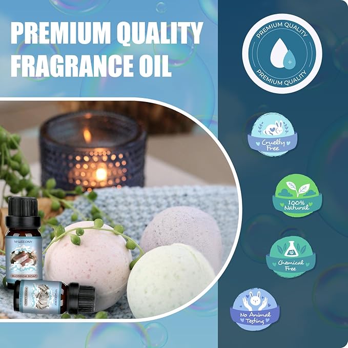 WUSEONY Clean Fragrance Oils Set, Premium Essential Oils for Diffuser for Home, Scented Oil for Soap & Candle Making Scents - Lemongrass, Aloe, Blossom Soap, Fresh Linen, Soft Powder, Cool Cotton
