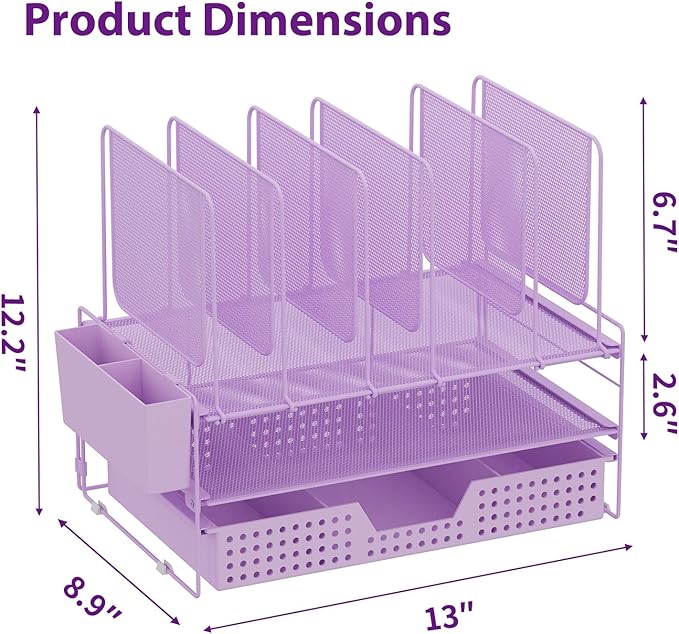 LEKETREE Desk Organizer, Office Organization with Vertical File Holder, File Organizer with Drawer and Pen Holder, Desk Accessories and Workspace Organizers for Home Office (Purple)