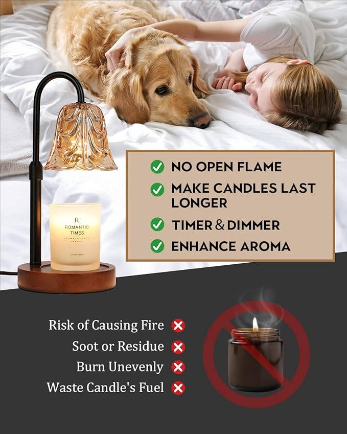 Small Candle Warmer Lamp with Timer, Adjustable Flower Lamp Warmer for Jar Candles, Unique Women Gifts for Birthday, Dimmable Candle Heater, Cute Wax Warming Light with Wood Base