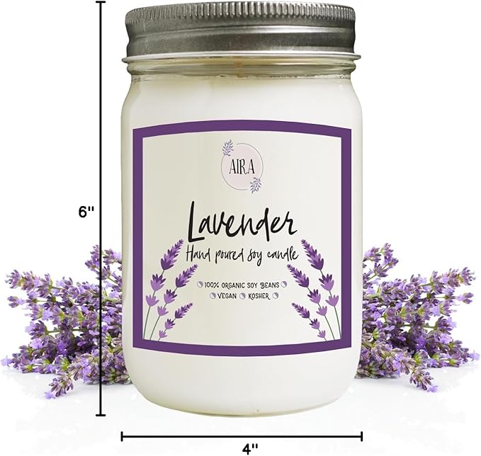 Aira Soy Candle – Pure Lavender – 12 oz Mason Jar – Hand-Poured USA – Long-Lasting Vegan Soy Wax Candle – Relaxing Aromatherapy – Paraffin-Free, Kosher, Cruelty-Free