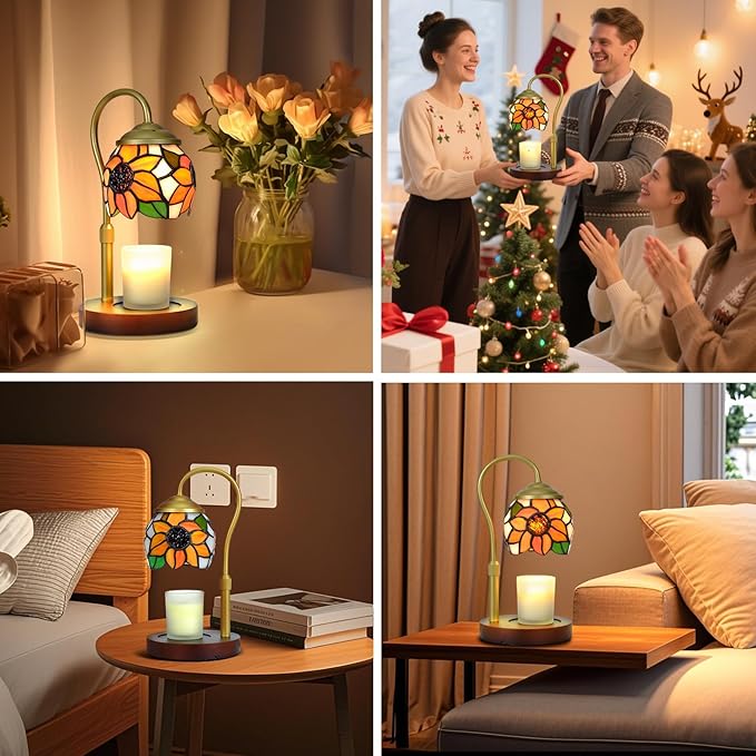 Sunflower Tiffany-Style Candle Warmer Lamp with 2 Bulbs - Handcrafted Stained Glass, Height-Adjustable Timer & 4 Dimmer Levels, No Assembly Required, Fits Jars up to 5"