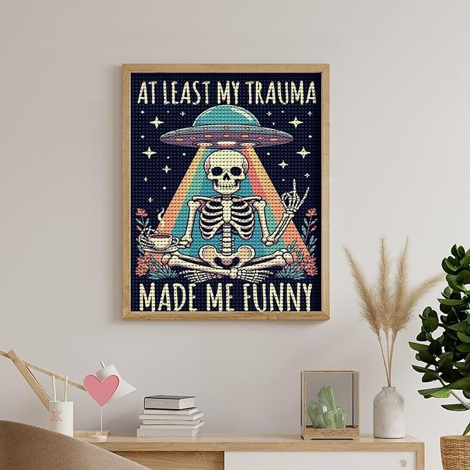 KIVJMSIDJA Diamond Art Kits for Adults Skull Skeleton “At Least My Trauma Made Me Funny” DIY Round Diamond Art for Home Wall Decor & Crafts Gifts 16"x20"